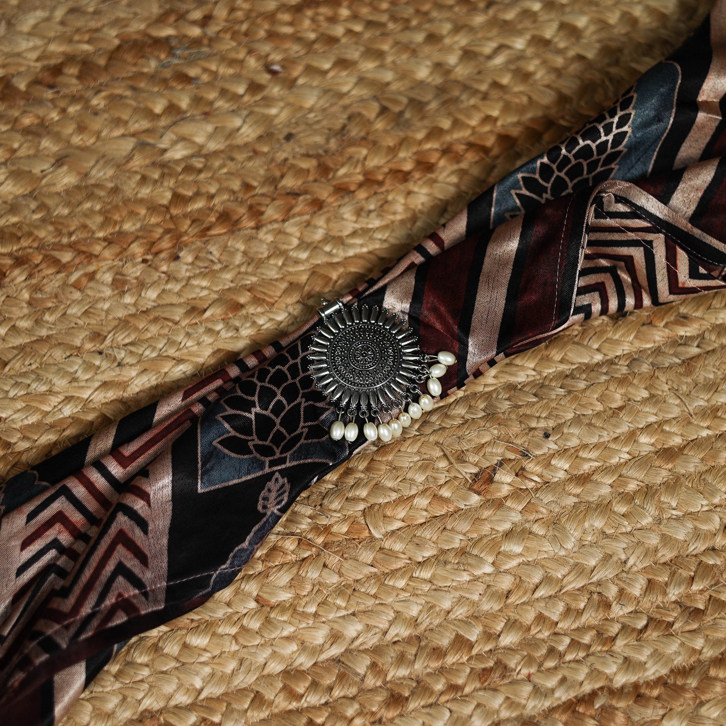 Ajrakh Hand Block Print Natural Dyed Modal Silk Brooch Scarf 41