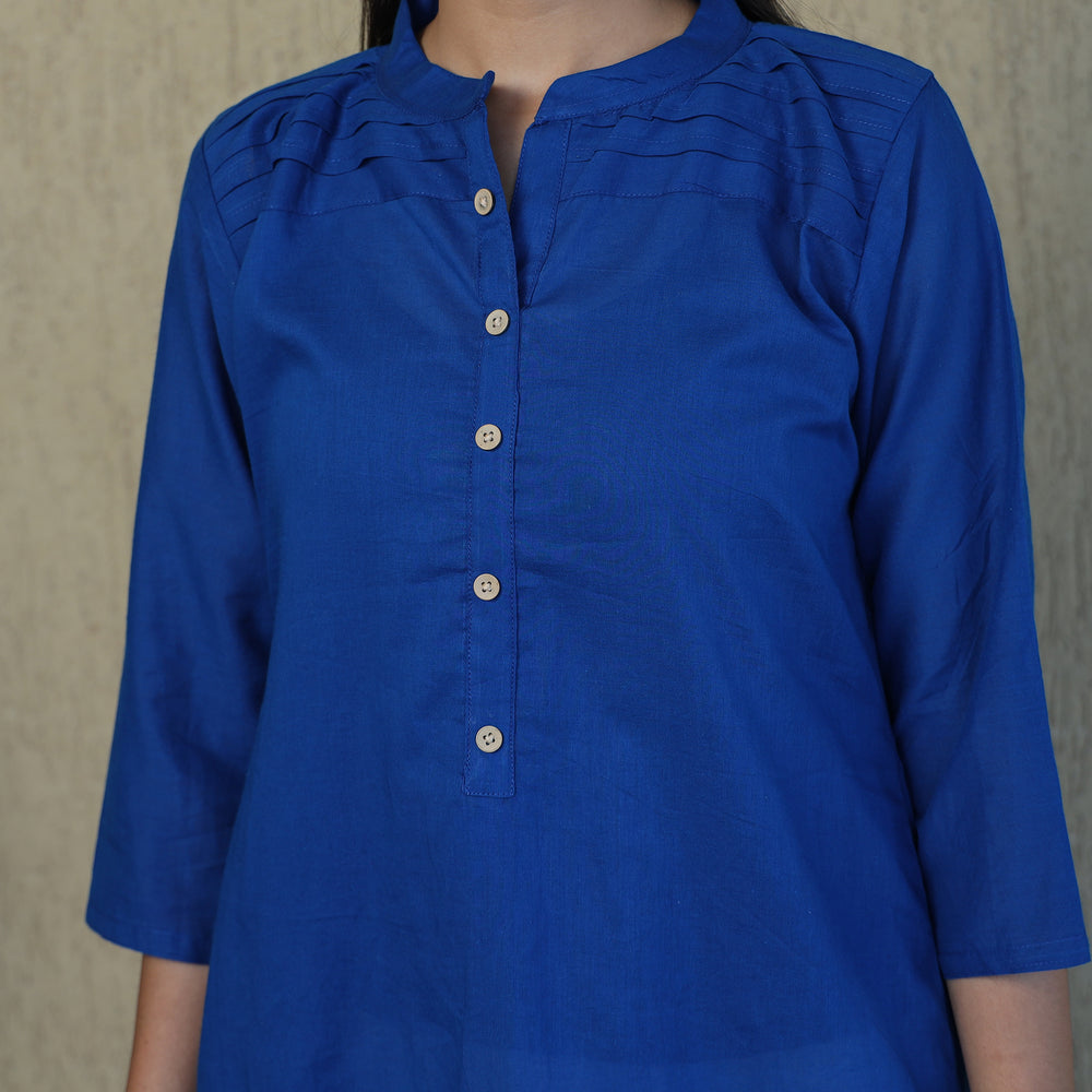 Blue - Mulmalai Cotton Plain Dyed Straight Kurta