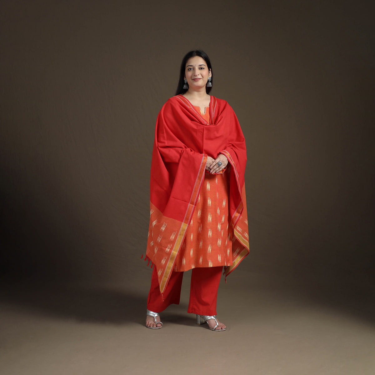 Hand Embroidered Pochampally Ikat Cotton Kurta with Palazzo & Dupatta Suit Set for Women 03