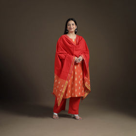 Hand Embroidered Pochampally Ikat Cotton Kurta with Palazzo & Dupatta Suit Set for Women 03