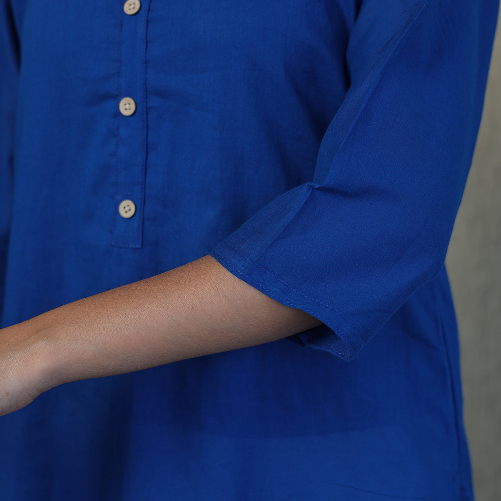 Blue - Mulmalai Cotton Plain Dyed Straight Kurta