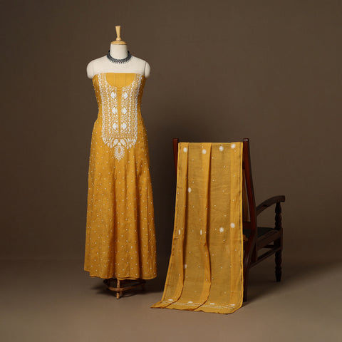 Yellow - 2pc mul chanderi semi stitched tissue zari hand