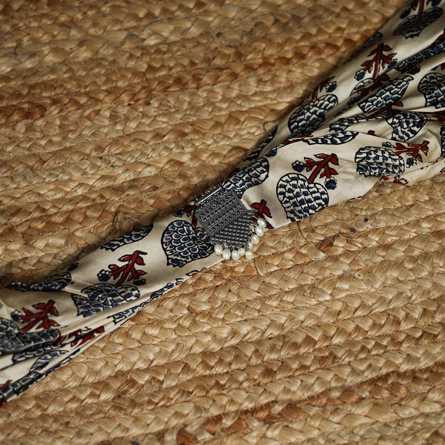 Ajrakh Hand Block Print Natural Dyed Modal Silk Brooch Scarf 44