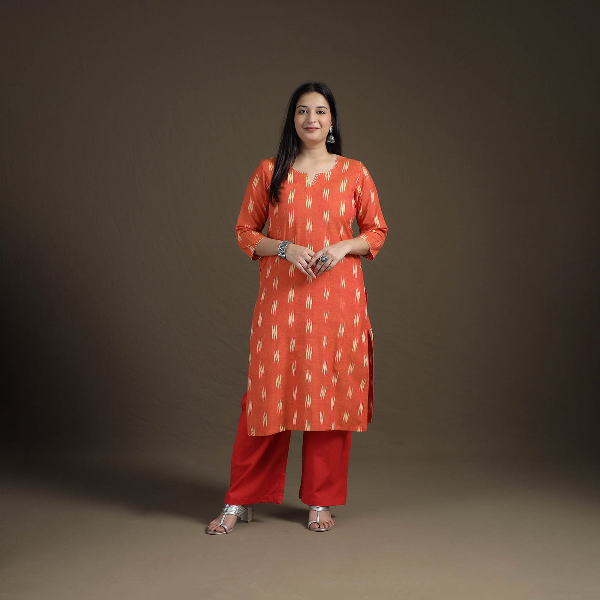 Hand Embroidered Pochampally Ikat Cotton Kurta with Palazzo & Dupatta Suit Set for Women 03