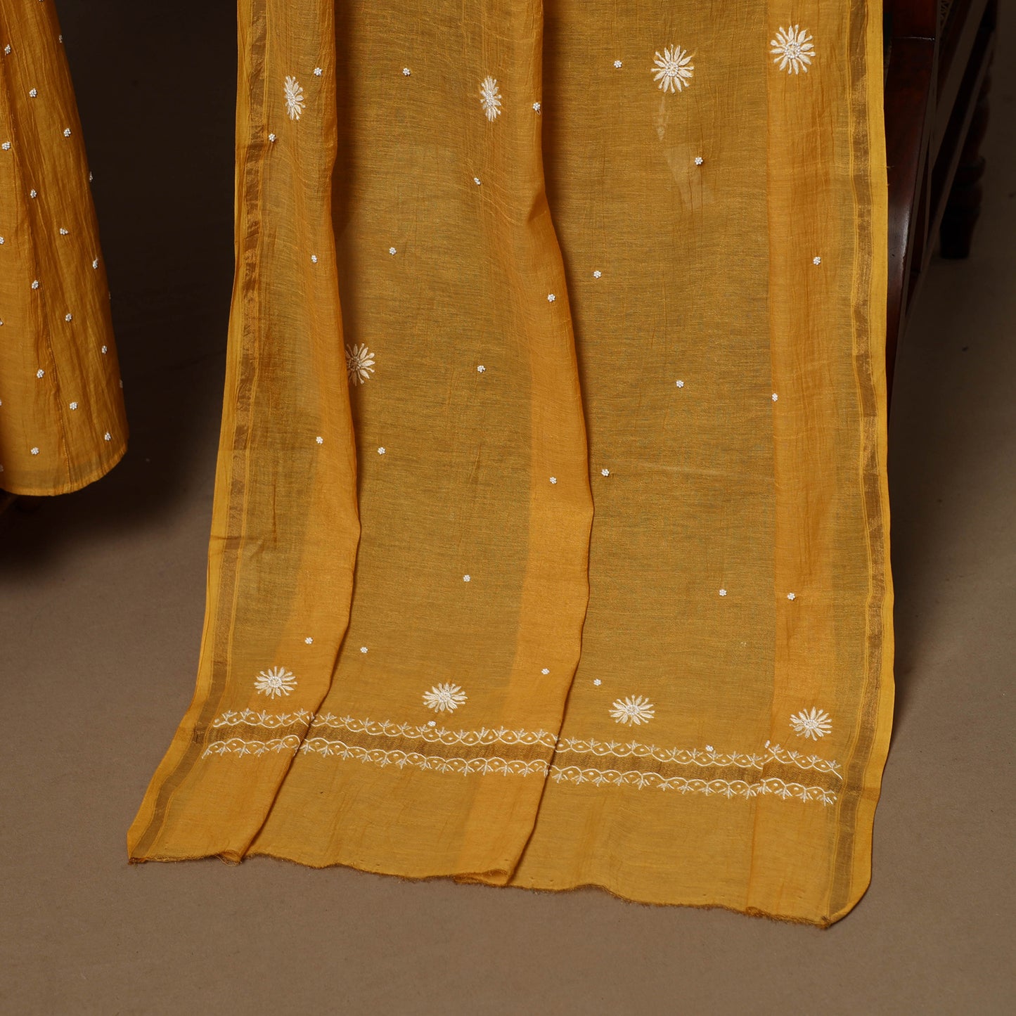 Yellow - 2pc mul chanderi semi stitched tissue zari hand
