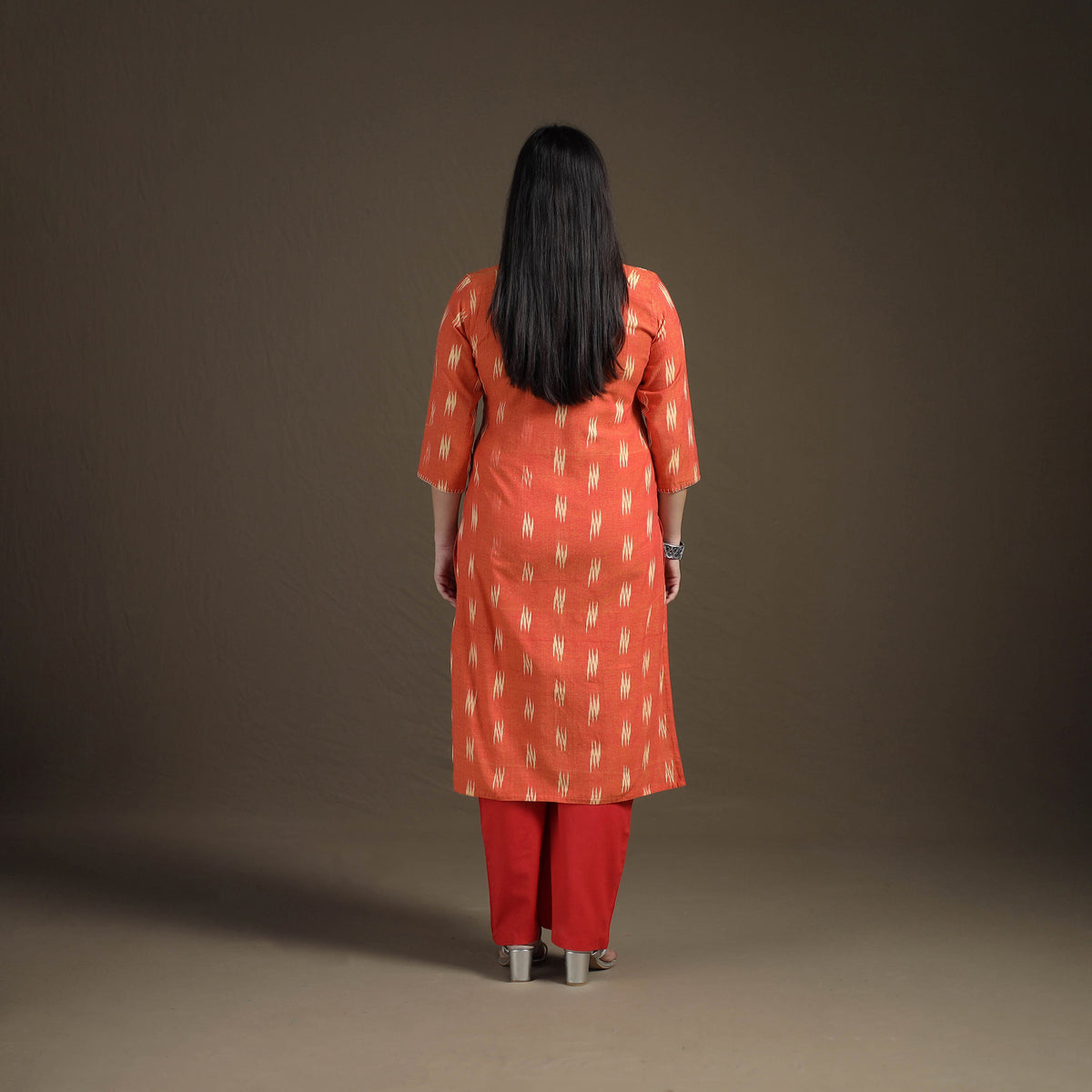 Hand Embroidered Pochampally Ikat Cotton Kurta with Palazzo & Dupatta Suit Set for Women 03