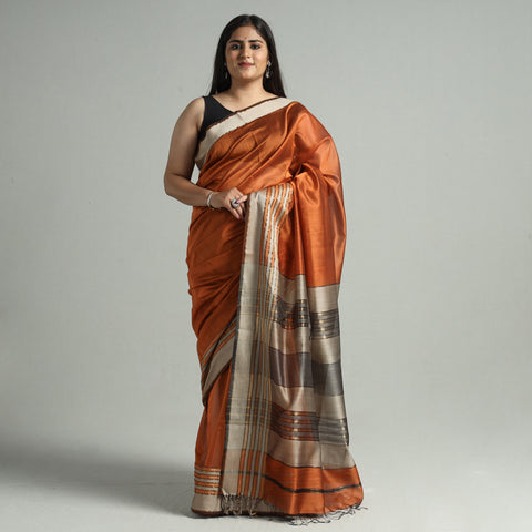 Orange - Traditional Maheshwari Silk Cotton Handloom Saree with Thread Border 65