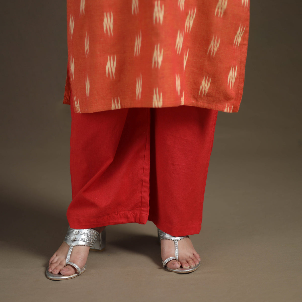 Hand Embroidered Pochampally Ikat Cotton Kurta with Palazzo & Dupatta Suit Set for Women 03