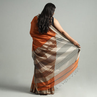 Orange - Traditional Maheshwari Silk Cotton Handloom Saree with Thread Border 65