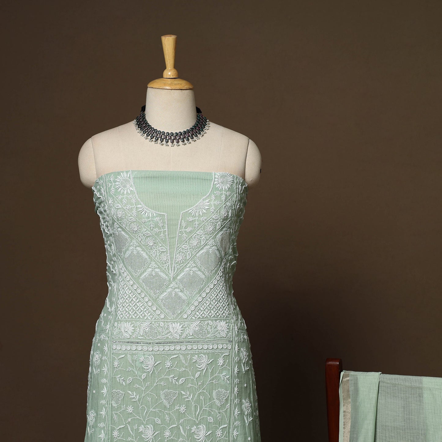 Green - 2pc mul chanderi semi stitched hand beads work