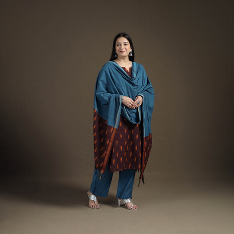 Hand Embroidered Pochampally Ikat Cotton Kurta with Palazzo & Dupatta Suit Set for Women 02