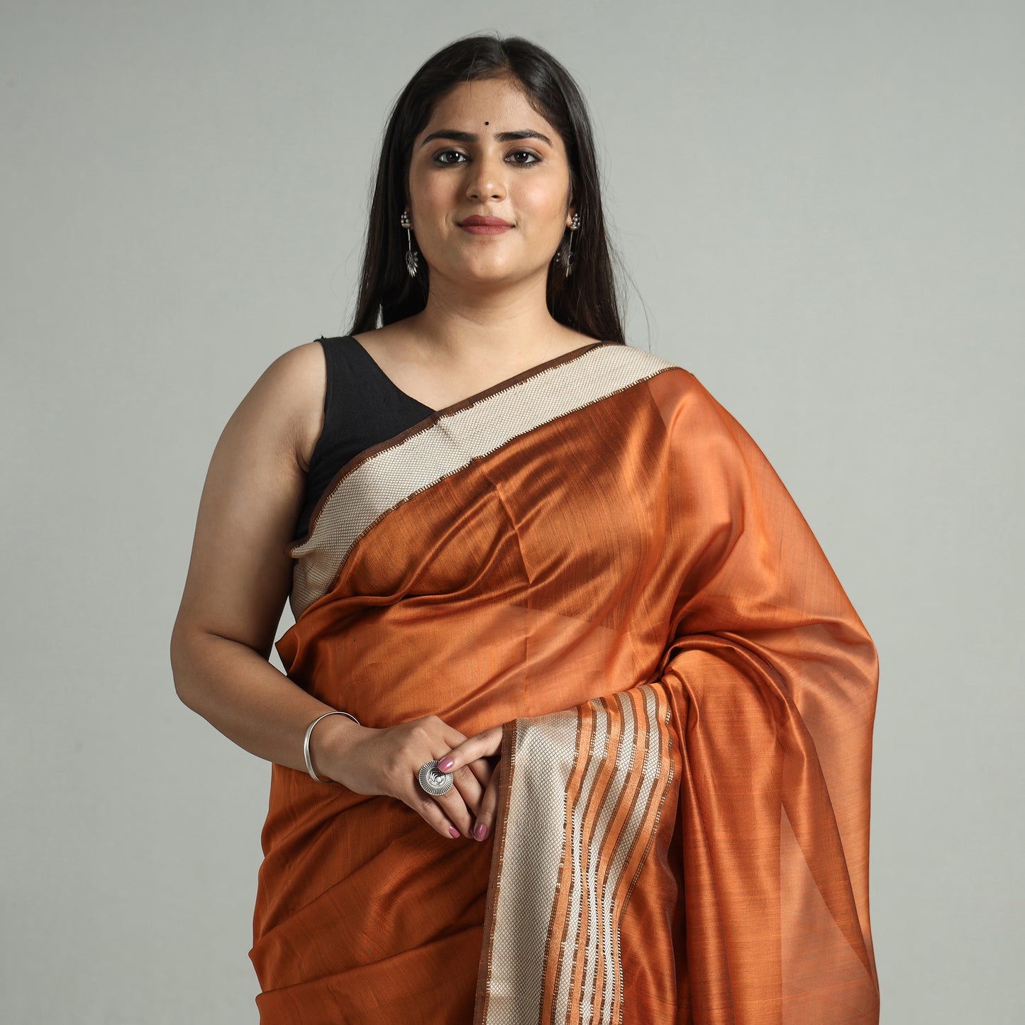 Orange - Traditional Maheshwari Silk Cotton Handloom Saree with Thread Border 65