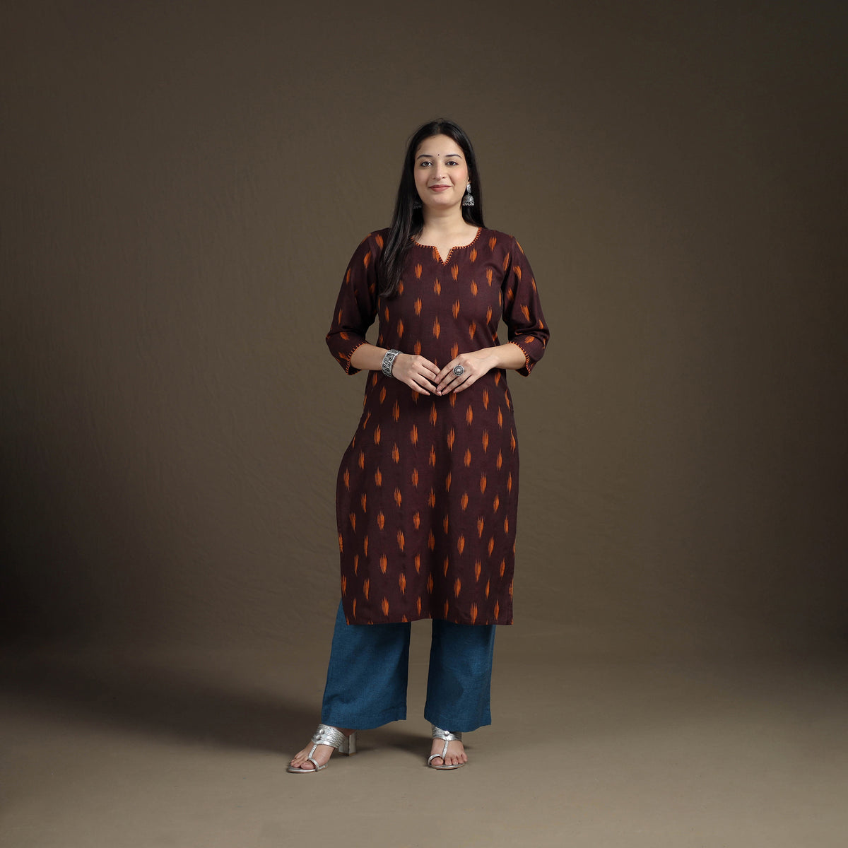 Hand Embroidered Pochampally Ikat Cotton Kurta with Palazzo & Dupatta Suit Set for Women 02