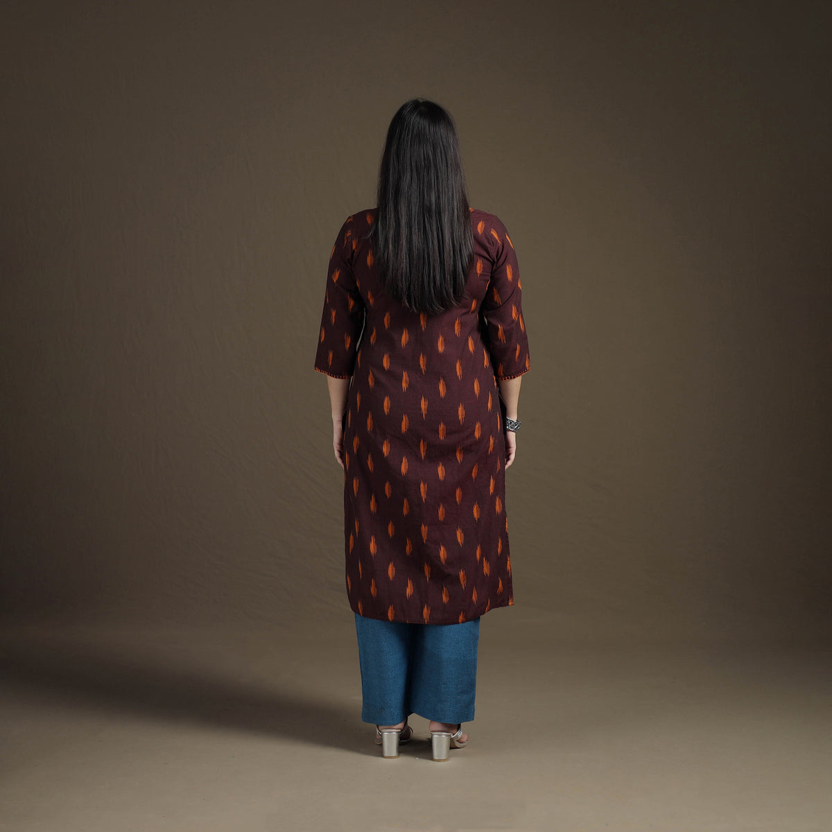 Hand Embroidered Pochampally Ikat Cotton Kurta with Palazzo & Dupatta Suit Set for Women 02