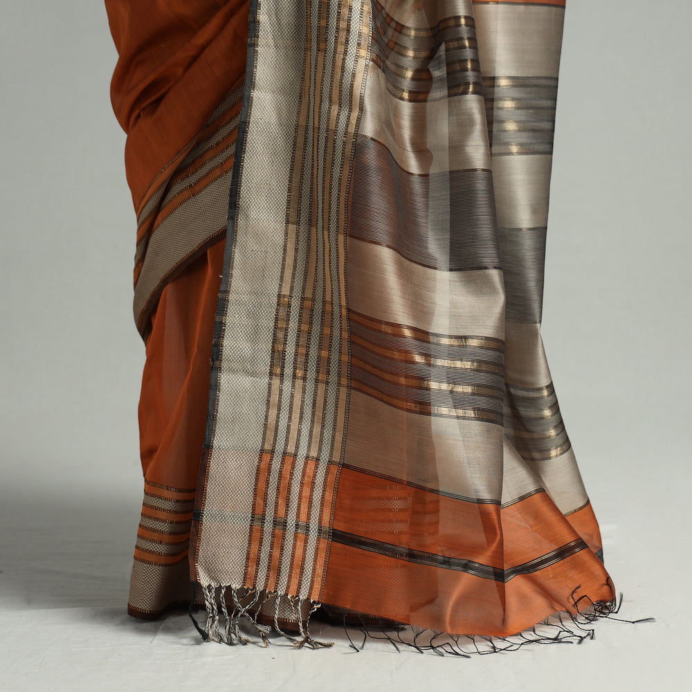 Orange - Traditional Maheshwari Silk Cotton Handloom Saree with Thread Border 65