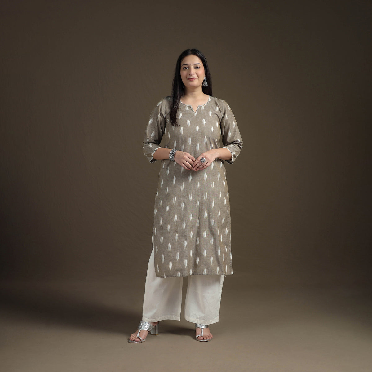 Hand Embroidered Pochampally Ikat Cotton Kurta with Palazzo & Dupatta Suit Set for Women 05