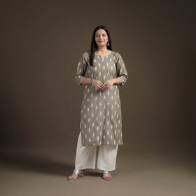 Hand Embroidered Pochampally Ikat Cotton Kurta with Palazzo & Dupatta Suit Set for Women 05