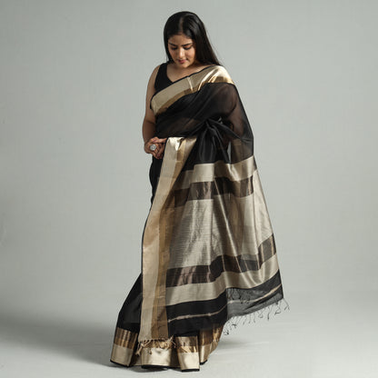 Black - Traditional Maheshwari Silk Handloom Saree with Resham Zari Border 66