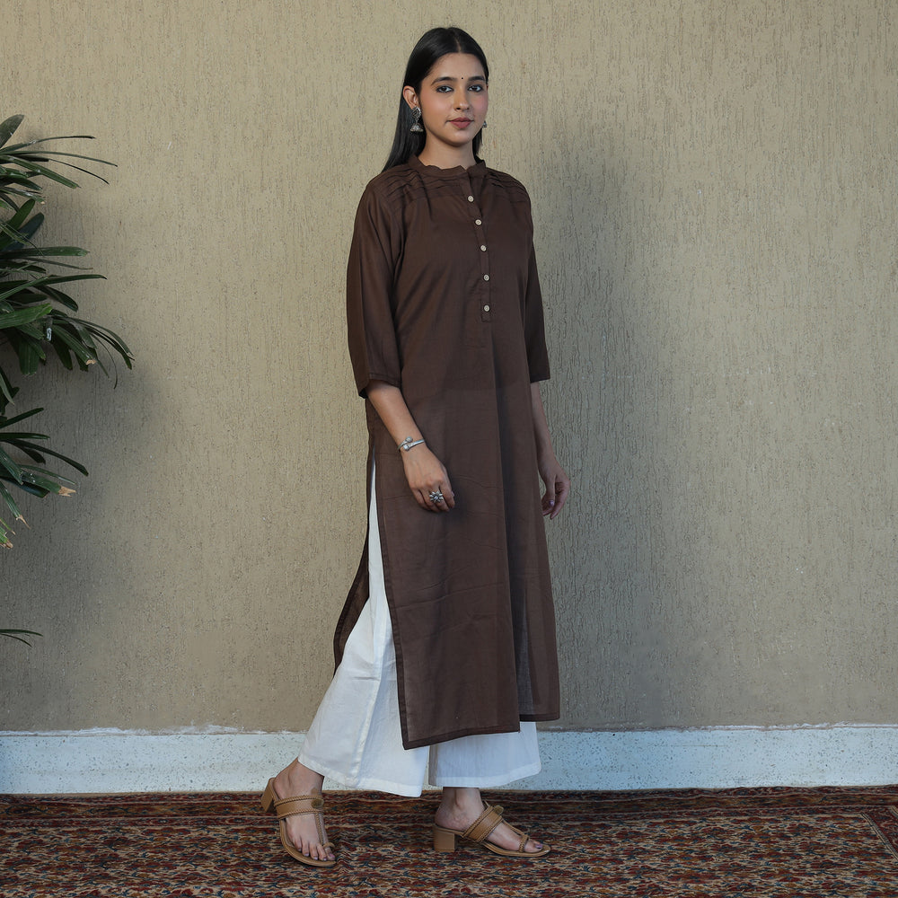 Dark Brown - Mulmalai Cotton Plain Dyed Straight Kurta