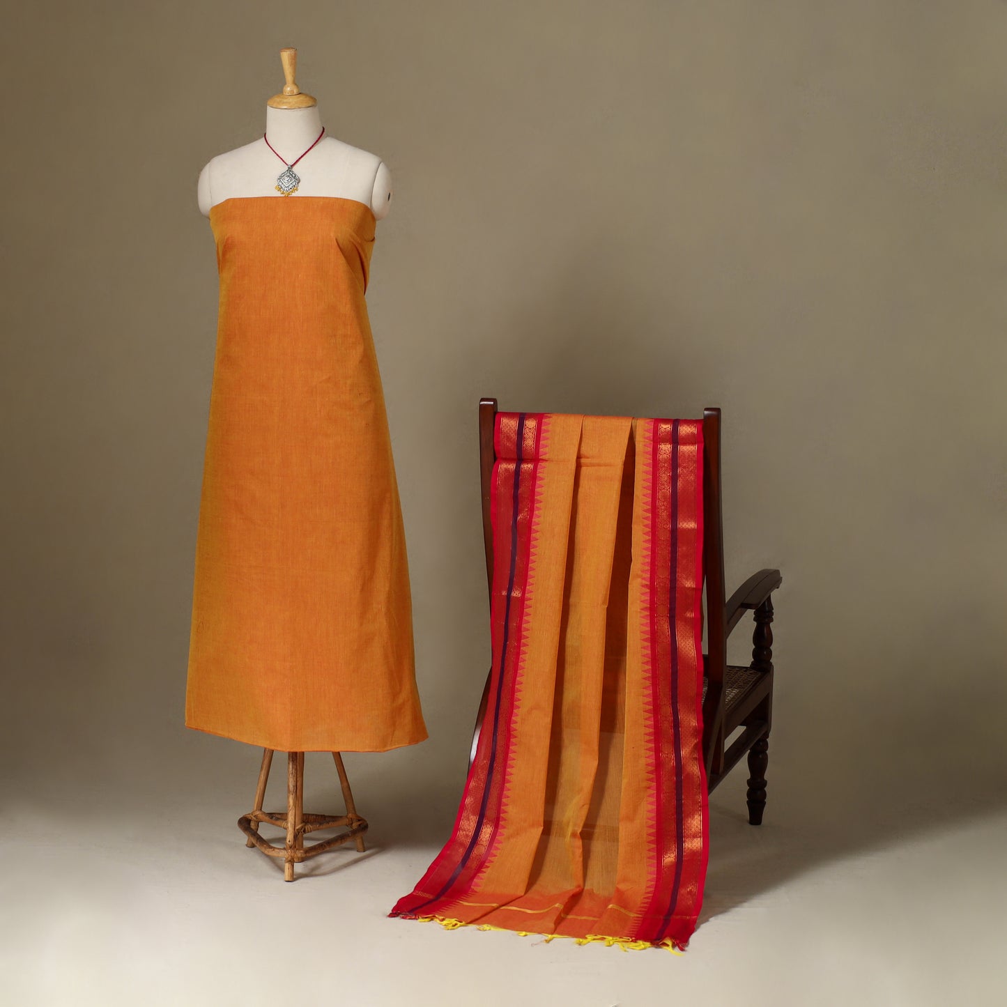 Orange 2pc Kandangi Chettinad Dress Material with Jewellery Set