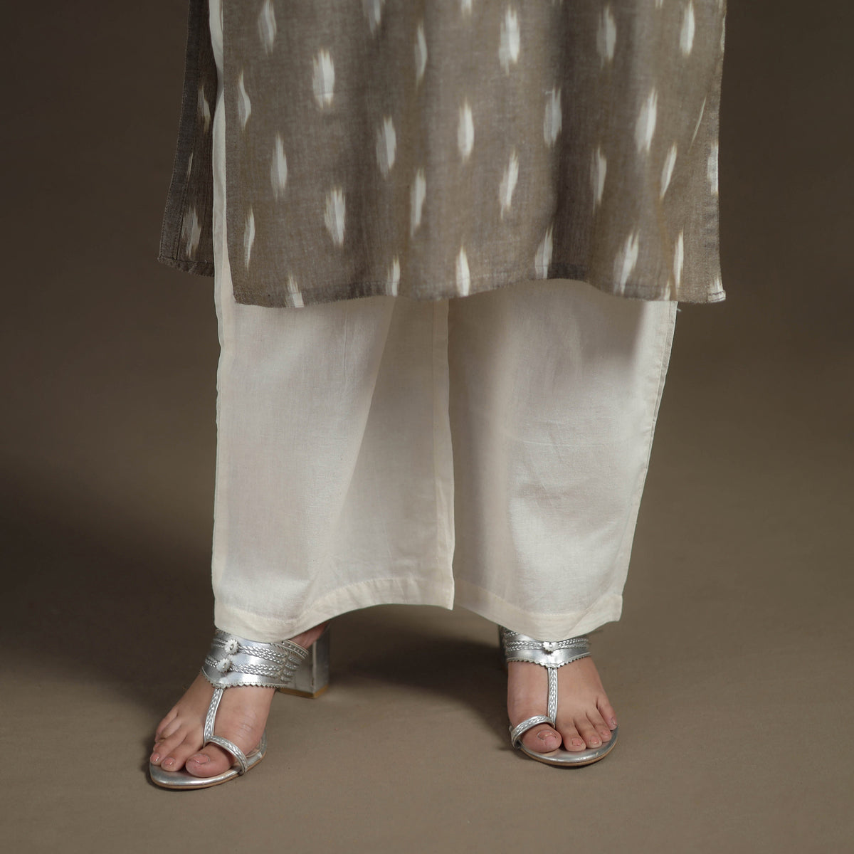 Hand Embroidered Pochampally Ikat Cotton Kurta with Palazzo & Dupatta Suit Set for Women 05