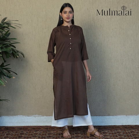 Dark Brown - Mulmalai Cotton Plain Dyed Straight Kurta