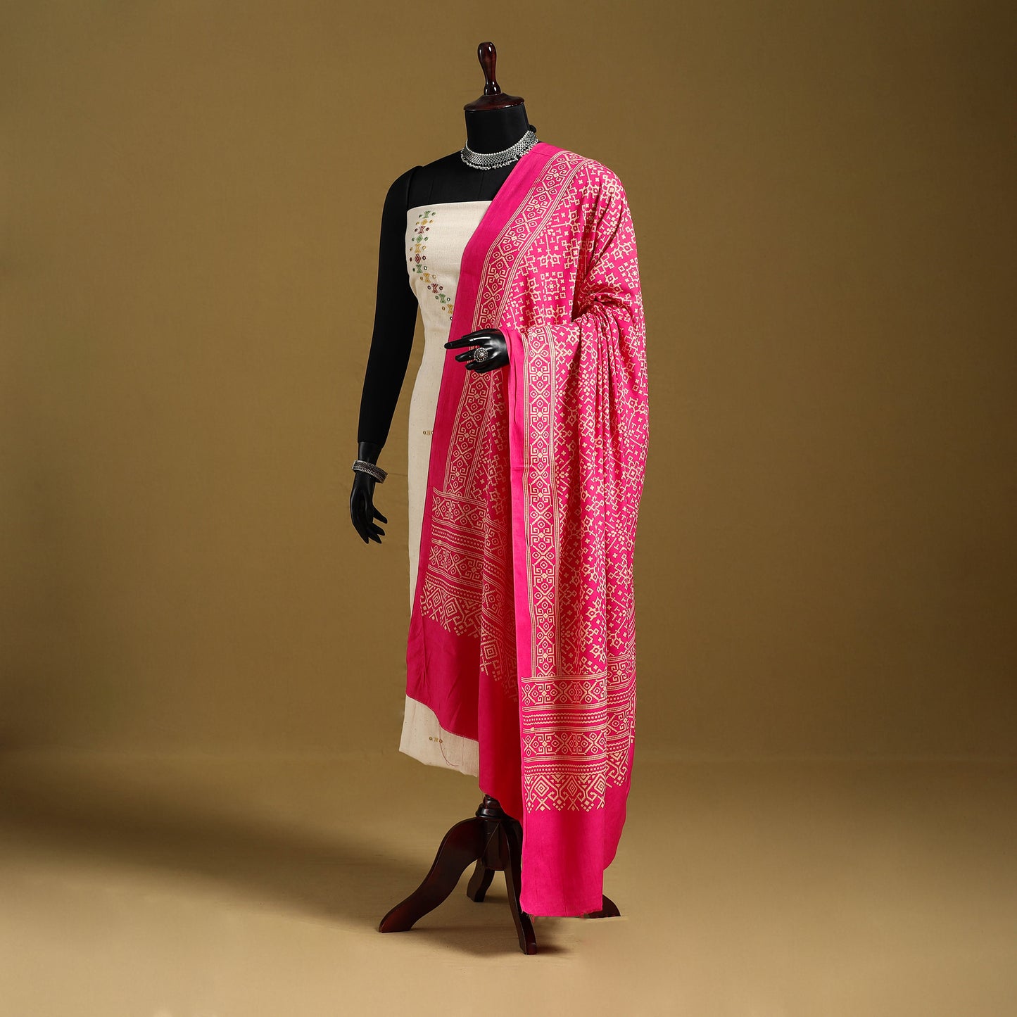 Pink - kutch printed rayon dupatta 22 - handcrafted