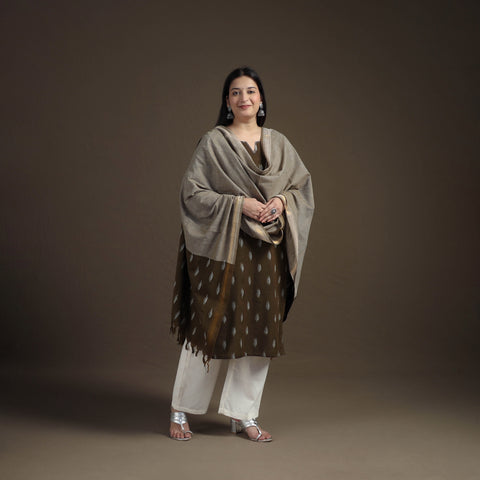 Hand Embroidered Pochampally Ikat Cotton Kurta with Palazzo & Dupatta Suit Set for Women 06