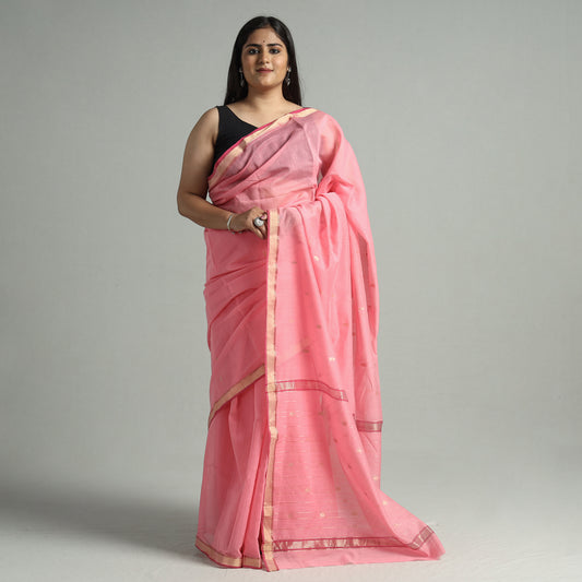 Pink - Traditional Chanderi Silk Cotton Handloom Zari Buti Saree 67