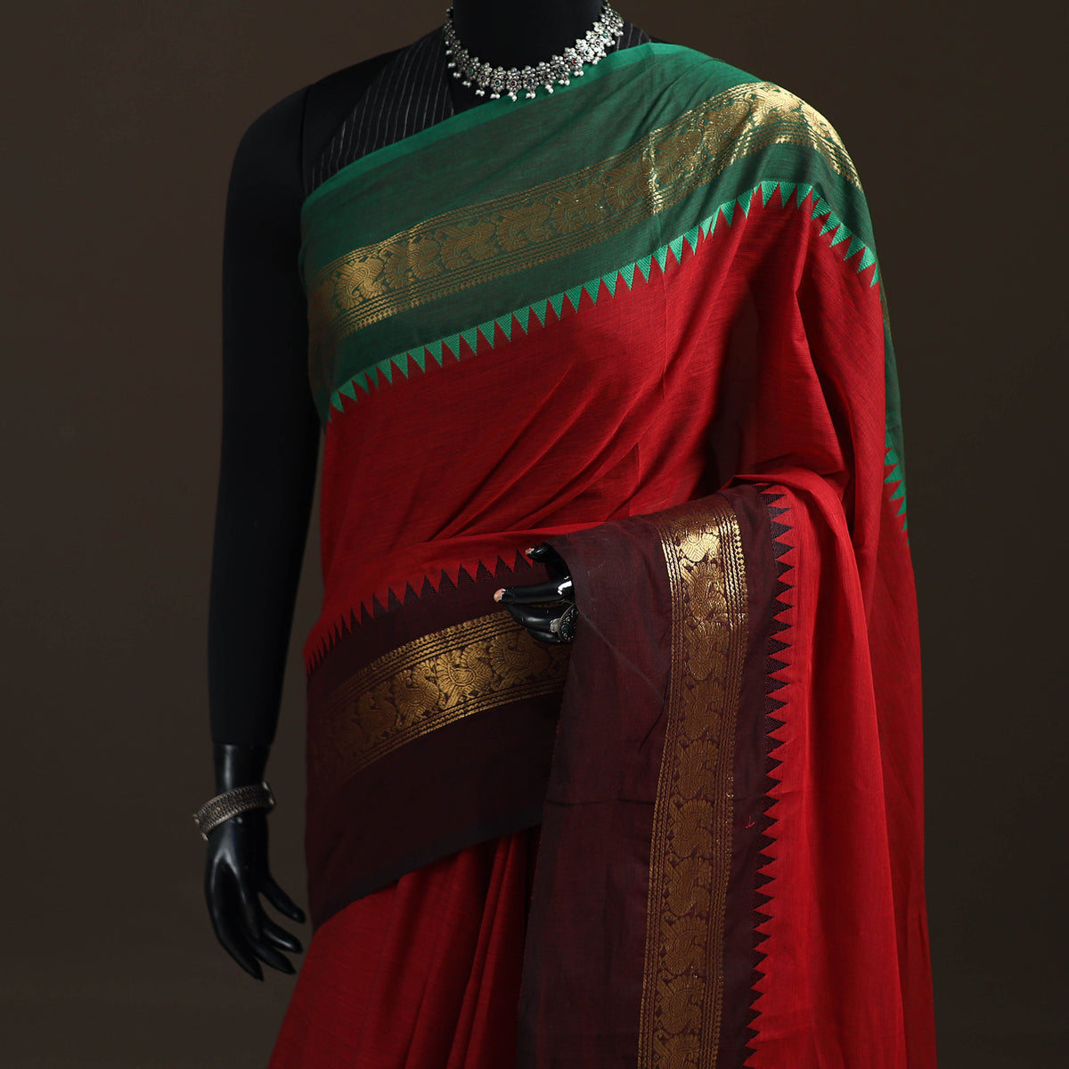 Red - Chettinad Woven Cotton Saree with Border 13