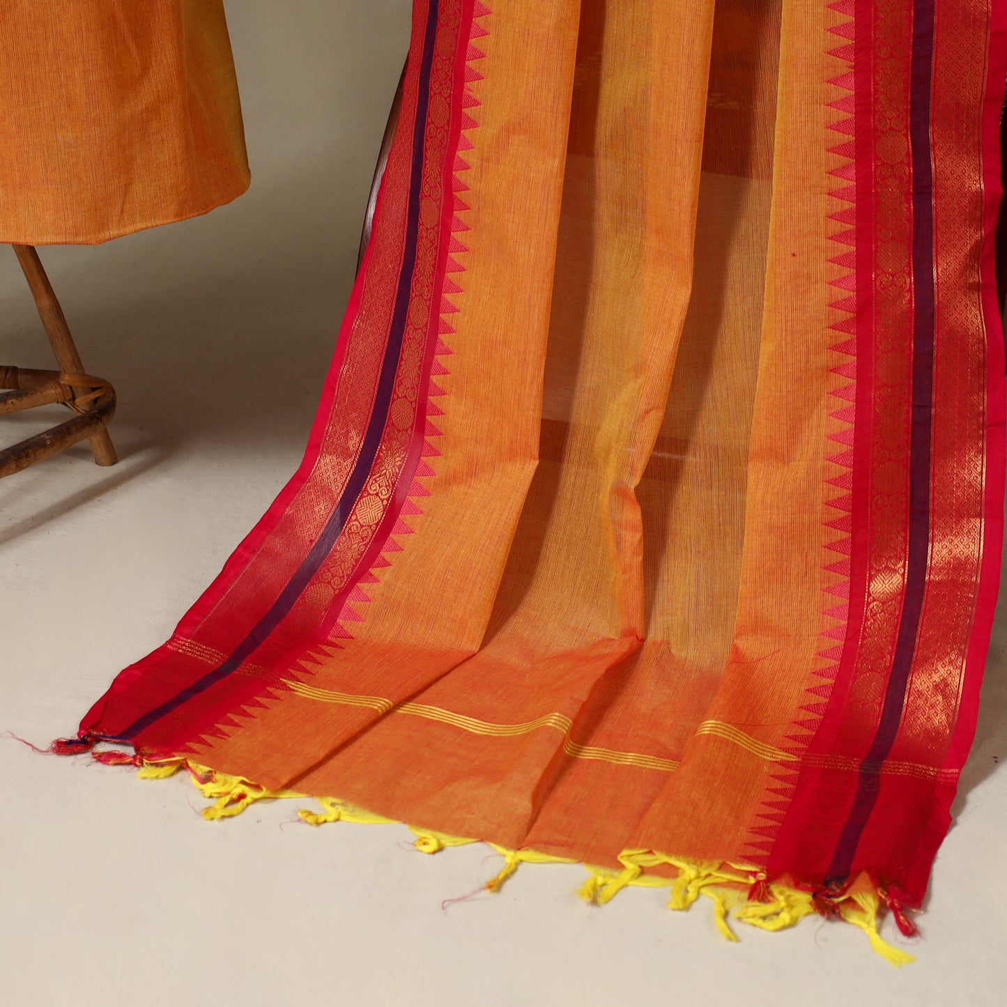 Orange 2pc Kandangi Chettinad Dress Material with Jewellery Set