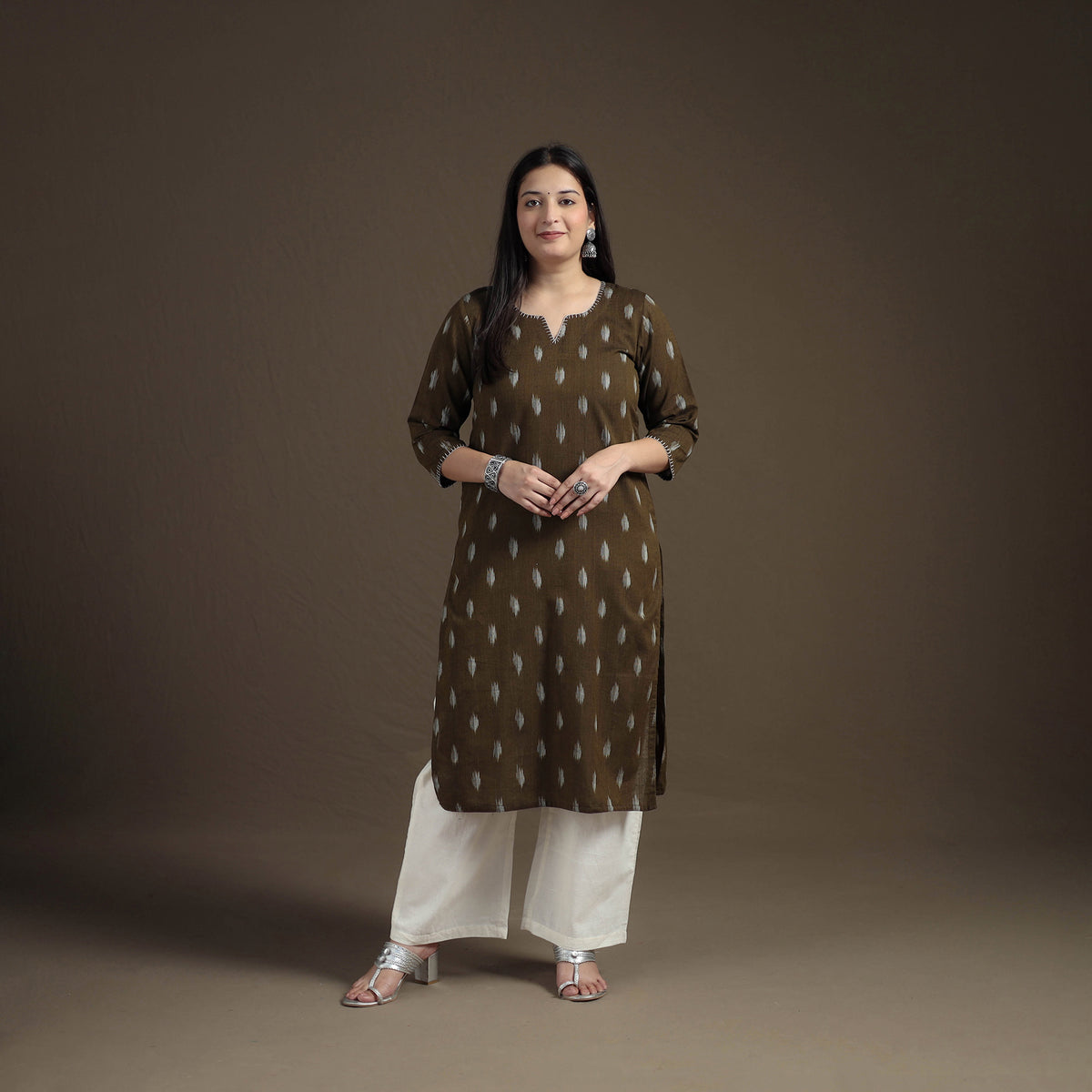 Hand Embroidered Pochampally Ikat Cotton Kurta with Palazzo & Dupatta Suit Set for Women 06