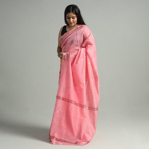 Pink - Traditional Chanderi Silk Cotton Handloom Zari Buti Saree 67