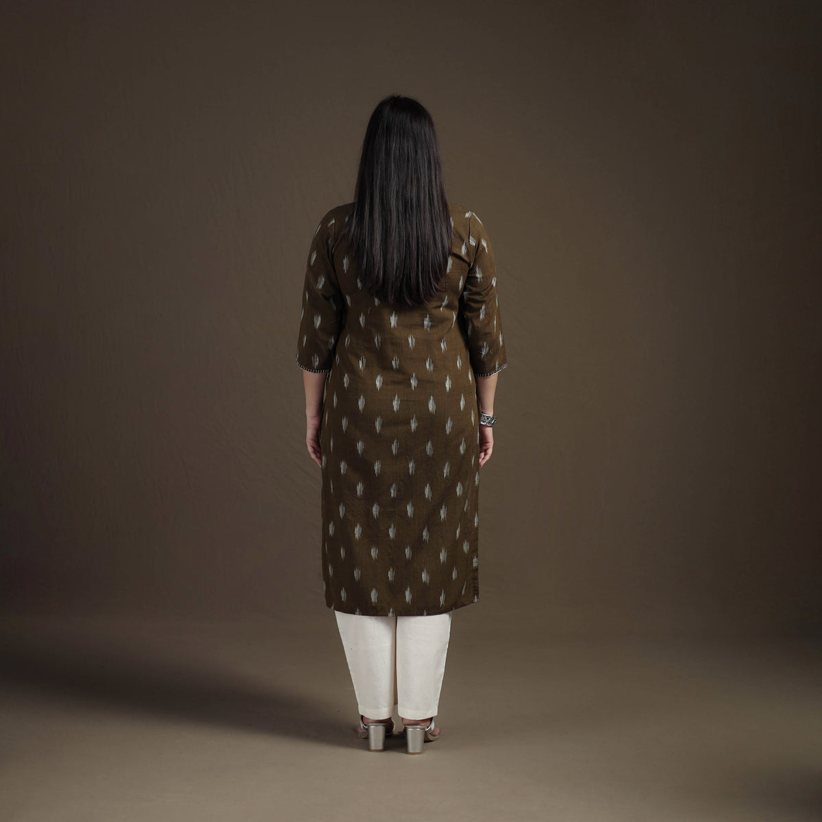 Hand Embroidered Pochampally Ikat Cotton Kurta with Palazzo & Dupatta Suit Set for Women 06