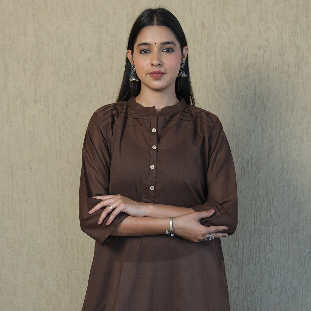 Dark Brown - Mulmalai Cotton Plain Dyed Straight Kurta