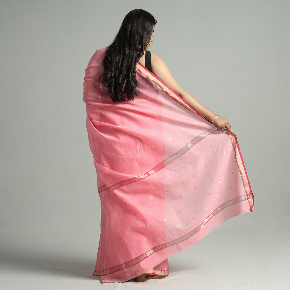 Pink - Traditional Chanderi Silk Cotton Handloom Zari Buti Saree 67