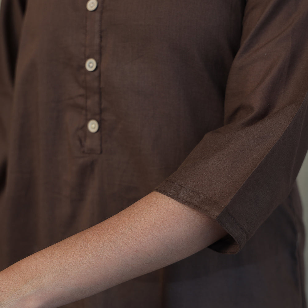 Dark Brown - Mulmalai Cotton Plain Dyed Straight Kurta