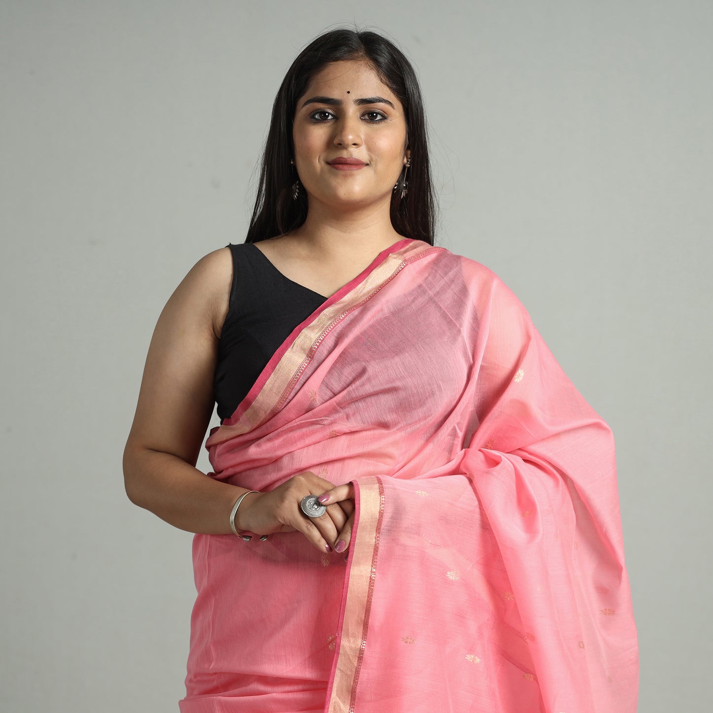 Pink - Traditional Chanderi Silk Cotton Handloom Zari Buti Saree 67