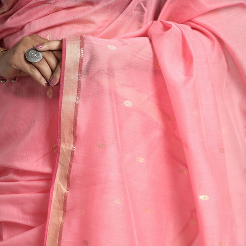 Pink - Traditional Chanderi Silk Cotton Handloom Zari Buti Saree 67