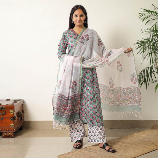 Green - Sanganeri Block Printed Cotton Kurta with Palazzo & Dupatta Set 07