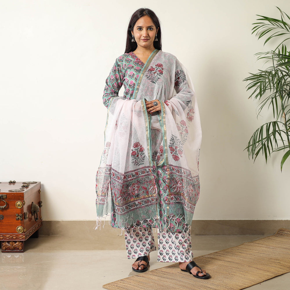 Green - Sanganeri Block Printed Cotton Kurta with Palazzo & Dupatta Set 07