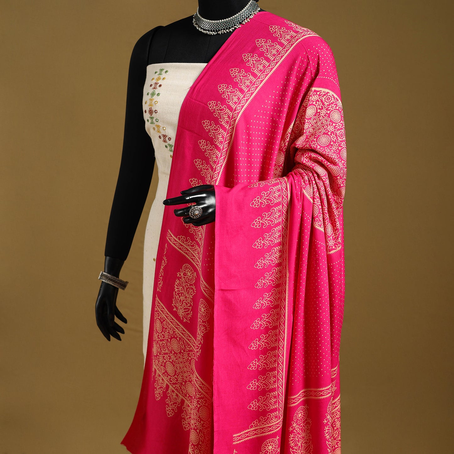 Pink - kutch printed rayon dupatta 23 - handcrafted