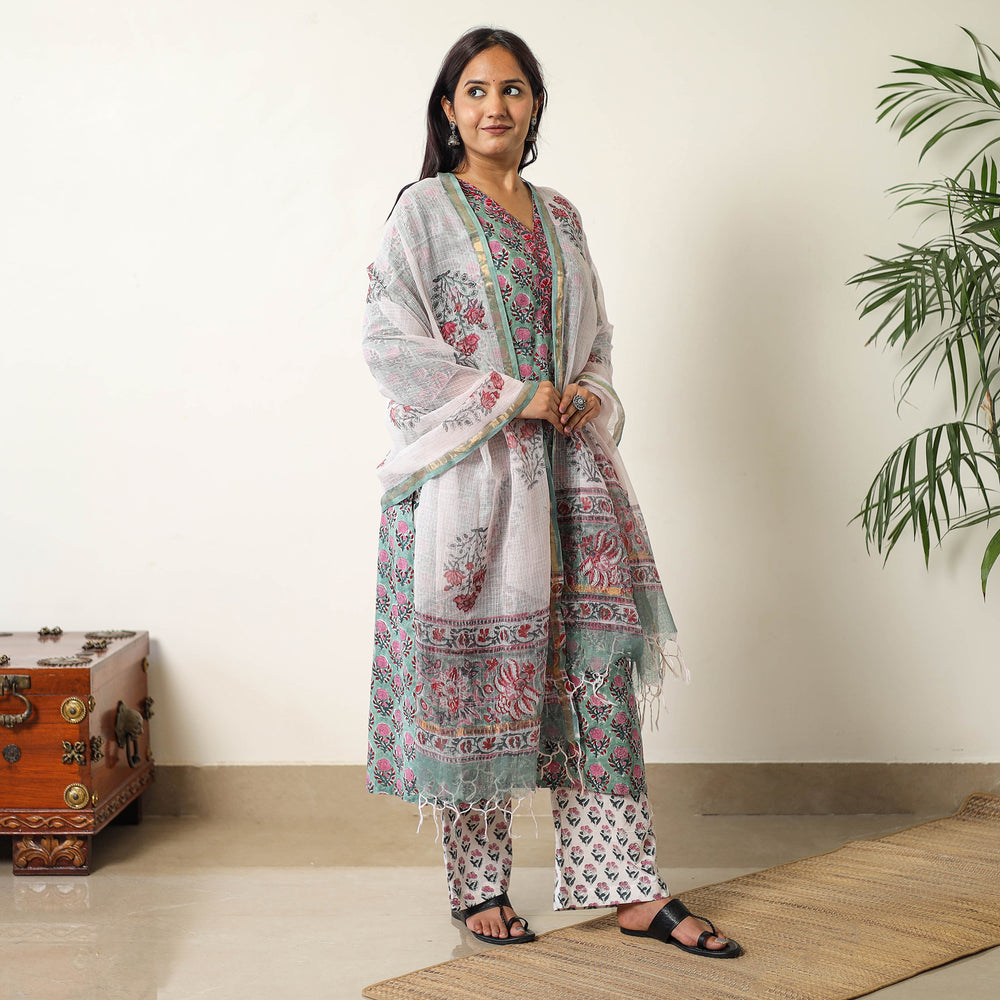 Green - Sanganeri Block Printed Cotton Kurta with Palazzo & Dupatta Set 07