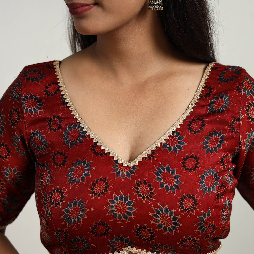 Red - Modal Silk Block Print Stitched Ajrakh Blouse 14