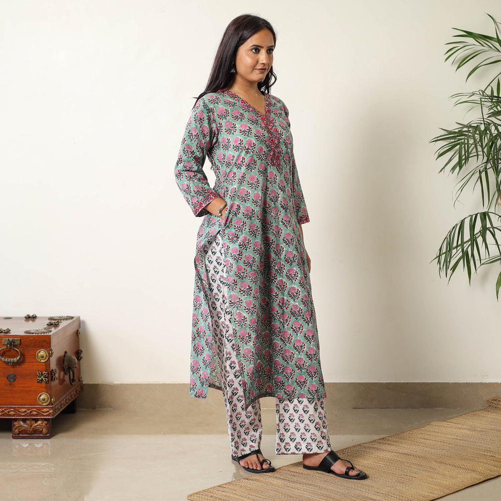 Green - Sanganeri Block Printed Cotton Kurta with Palazzo & Dupatta Set 07