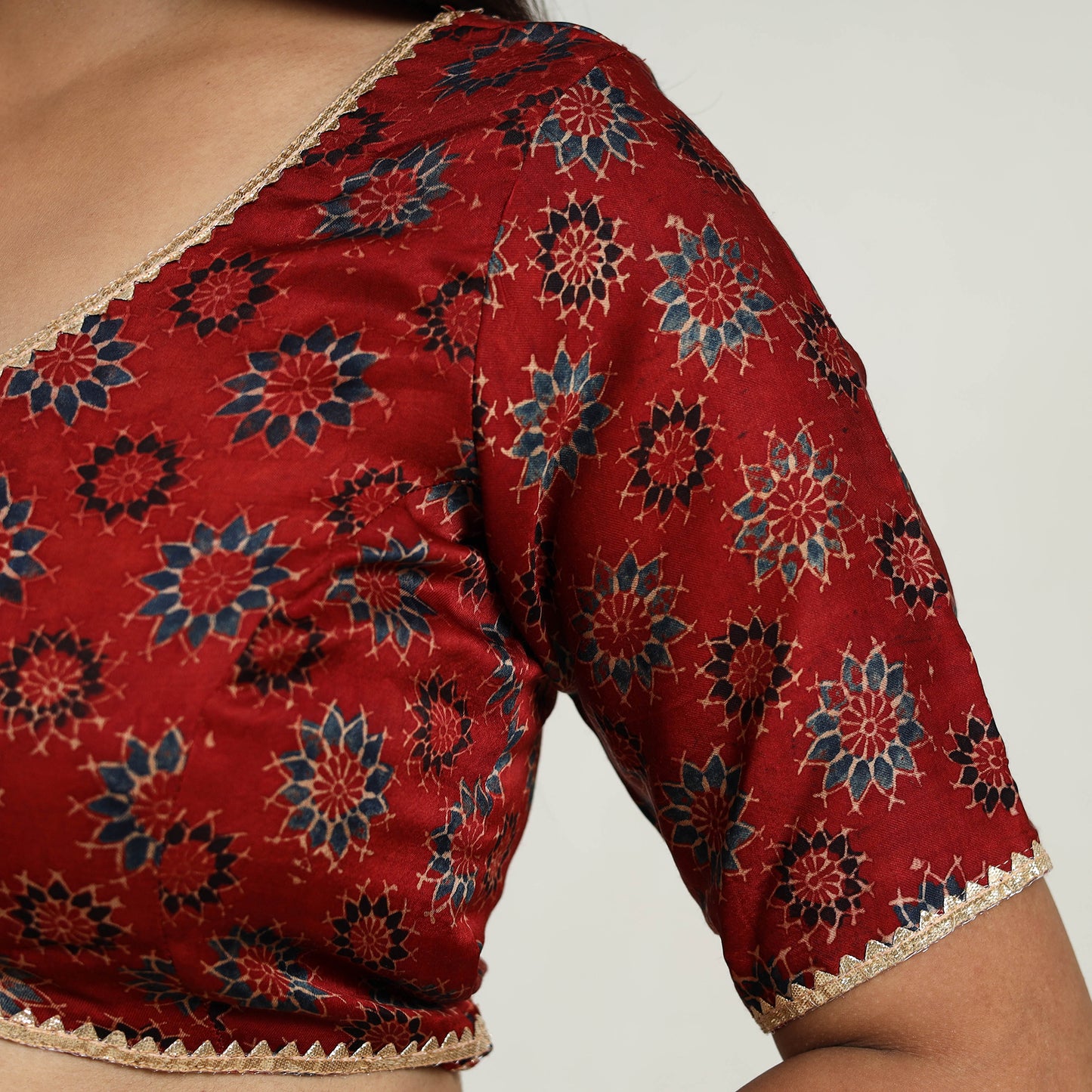 Red - Modal Silk Block Print Stitched Ajrakh Blouse 14