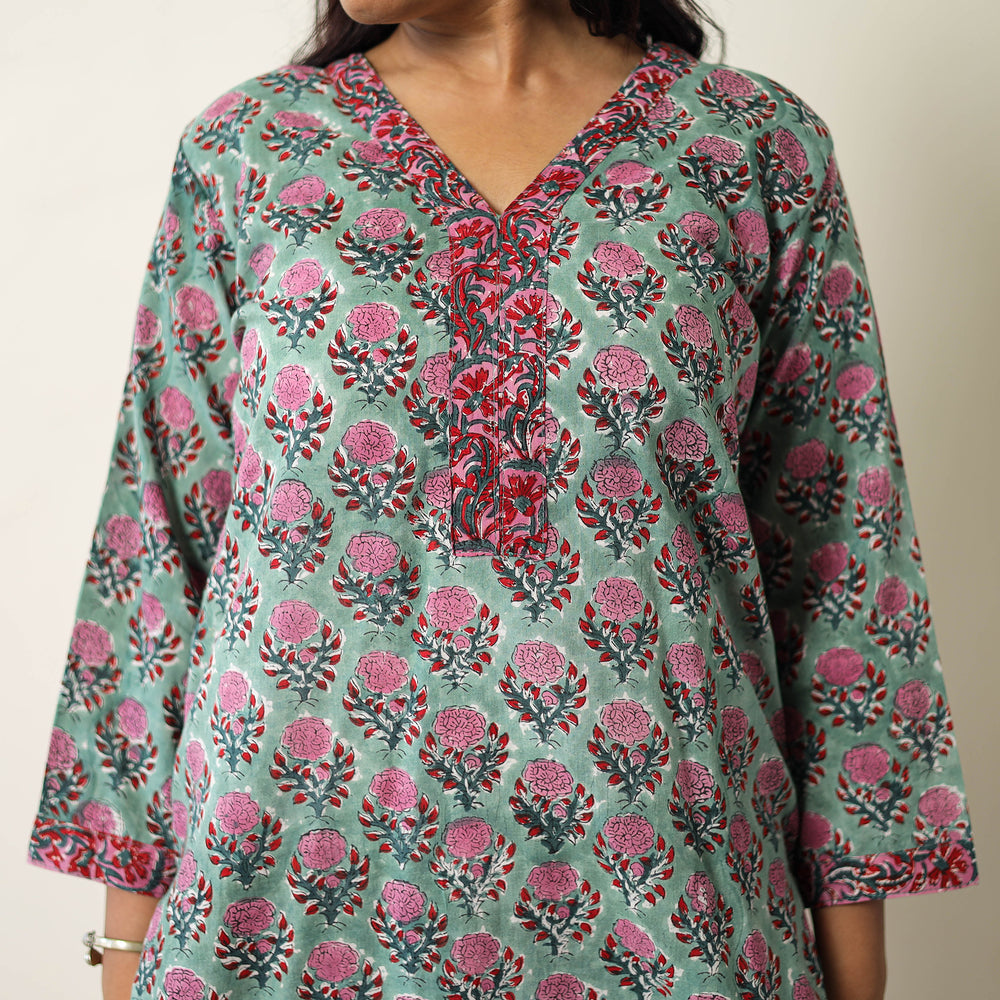 Green - Sanganeri Block Printed Cotton Kurta with Palazzo & Dupatta Set 07