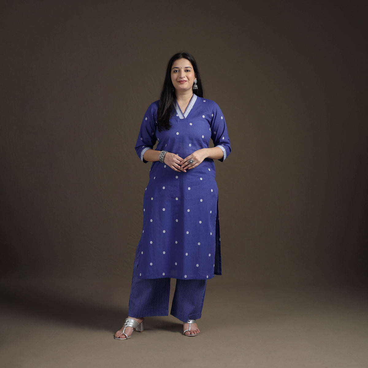 Jacquard Woven Cotton Straight Kurta with Palazzo & Dupatta Suit Set for Women 12