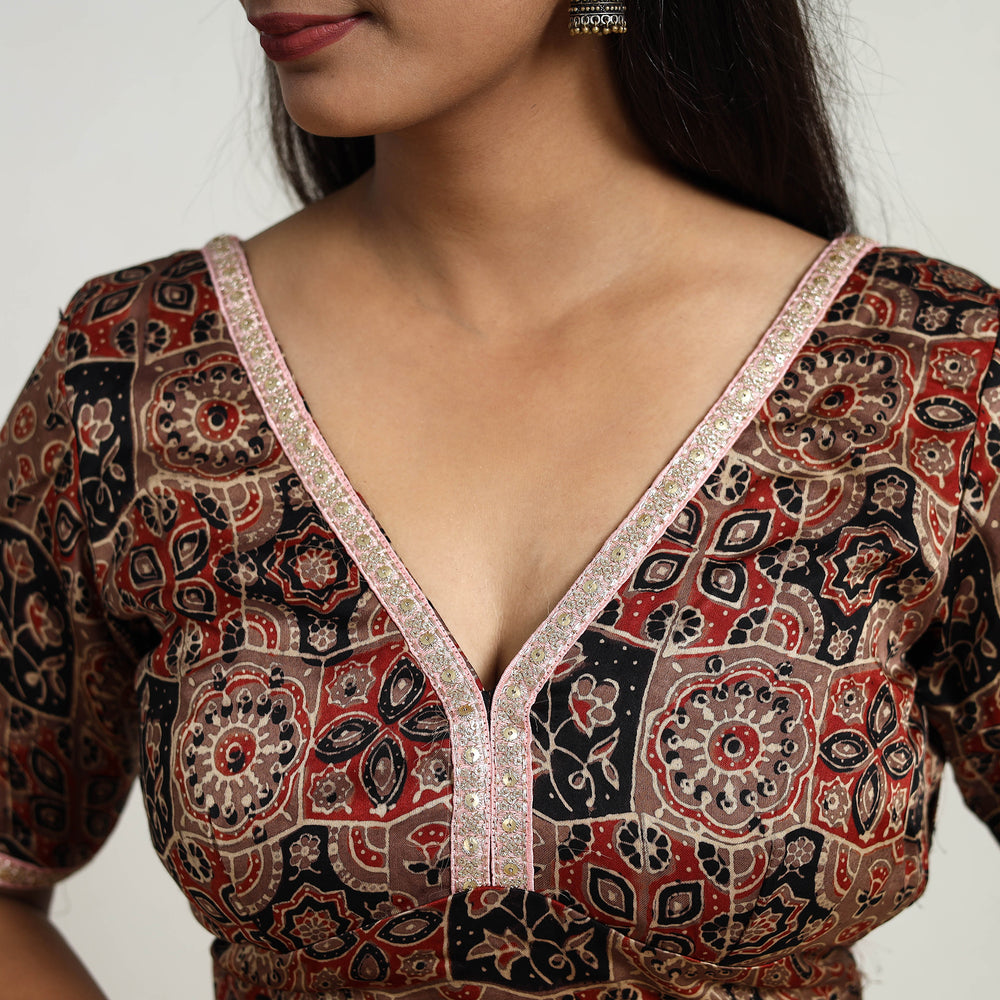 Brown - Modal Silk Block Print Stitched Ajrakh Blouse 09