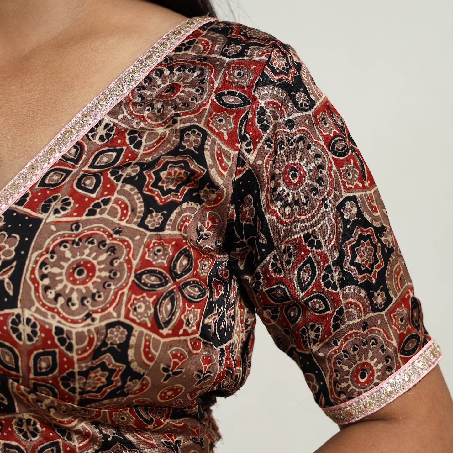 Brown - Modal Silk Block Print Stitched Ajrakh Blouse 09